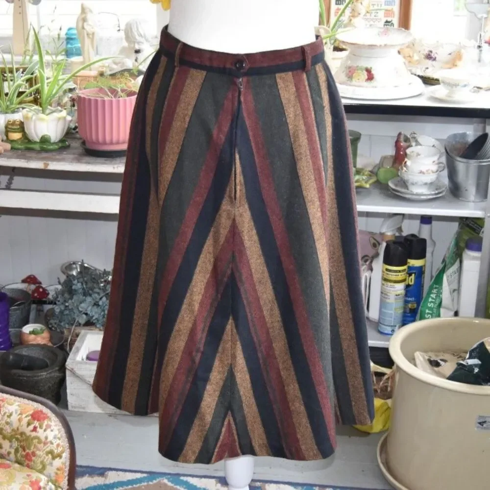 Vintage 70s Chevron Stripe Midi Skirt Talon Zip Wool Blend Medium